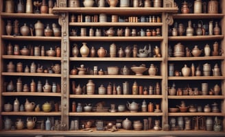 A glass display case filled with an eclectic collection of items, including figurines, jars, a human skull model, vintage tobacco tins, and various decorative objects. The lighting creates a dim, moody atmosphere with a strong green tint dominating the scene.