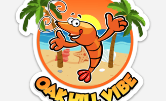 a sticker with a cartoon shrimp in the background
