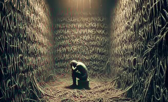 A man sits alone in a room covered with unsettling words, symbolizing mental torment, regret, and paranoia