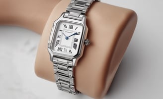 A luxury wristwatch with a black dial and steel bracelet is prominently displayed. The watch features a rotating bezel with large, luminous markers and hands.