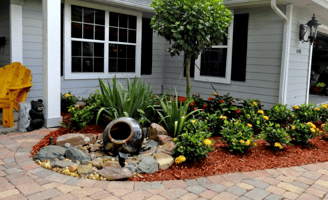 a garden with a fountain and a bench in front of a house