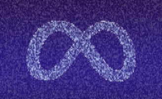 A digital representation of the Meta logo made up of binary code, symbolizing Facebook ads in the digital marketing space.