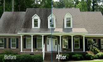 Before and after roof cleaning showing dramatic results from soft washing a residential home