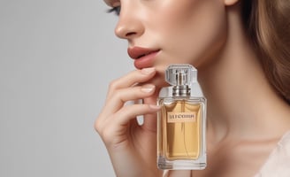 Four small glass perfume bottles of various shapes and colors are laid out on a soft, white fabric. The bottles are evenly spaced and include scents labeled as 'Replica', 'Twilly', and 'Hermes'. The gentle folds of the fabric create a simple, elegant backdrop.