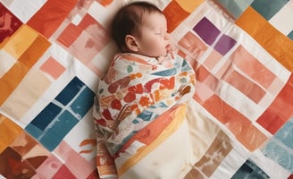 Various baby items are arranged neatly, including a soft plush bunny toy, a small wooden elephant, a baby hairbrush, and a pacifier. There are also folded blankets and towels, some tied with a ribbon, and fabric with cherry patterns. A blank beige card is placed centrally among these items.