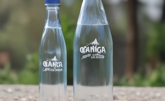 A clear plastic bottle of Evian natural mineral water standing upright on a wooden surface. The bottle is 500 ml in size and has water droplets on it. In the background, there is a blurred, wintry outdoor setting with bare trees and a body of water, adding a sense of cold and serenity to the image.