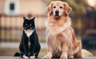 Katze und Hund sitzen nebeneinander