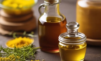 A close-up view of peeled garlic cloves submerged in a yellow liquid, possibly oil, with sprigs of fresh herbs scattered among them. The surface of the liquid reflects the soft lighting, creating a visually rich texture.