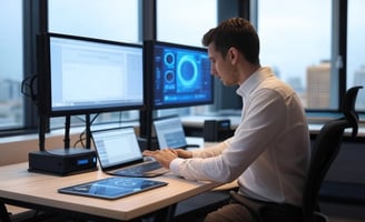 a man sitting at a desk with a laptop and a laptop