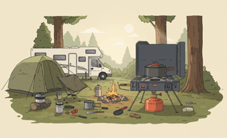Traveler using a multi-fuel camping stove for cooking at a US camping site with an RV