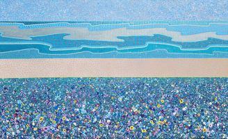 a painting of a beach and flower field