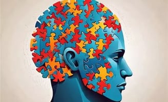 Profil femme artificielle couverte d'1 puzzle jaune et rouge symbolisant le questionnement humain