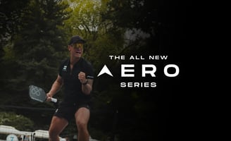 Pickleball athlete celebrating with paddle next to “The All New Aero Series” branding.