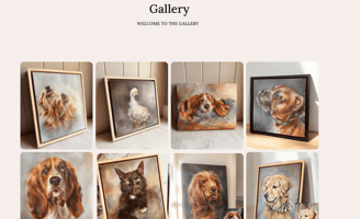 A gallery of wall art featuring pet portraits and animal art on canvas.
