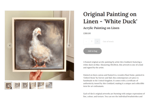 An original painting for sale of a white duck painted onto canvas and framed ready to hang