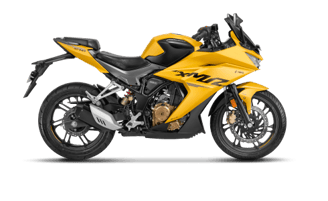 a yellow motorcycle parked on a black background