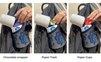 User placing chocolate wrappers, paper trash, and cups into Blue Elegance portable dustbin.