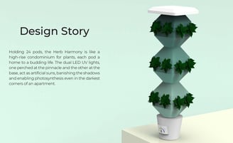 Render of vertical Herb Harmony unit with 24 planting pods and LED grow lights.