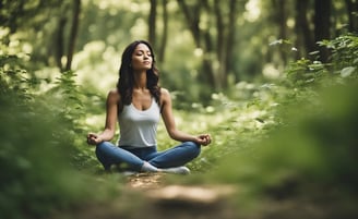 Young woman doing pranayama meditation in nature, seated calmly on a forest path with focused breath