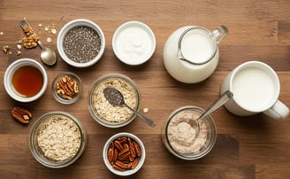 Overnight oats ingredients on a wooden surface.