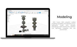Fusion 360 CAD model of Herb Harmony tower showing modular hydroponic pod system.