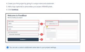 Image of user guide writing sample from Glen Cadorette: Create You First Project page.
