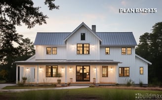 a white house with a metal roof and a metal roof