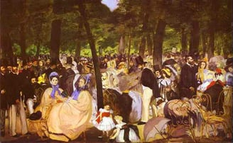 a painting of a group of people in a park