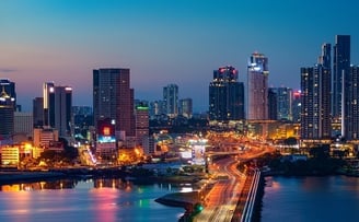 Evening skyline of Johor Bahru city showing urban lifestyle and lights