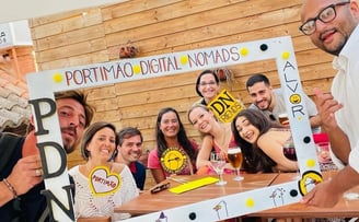 Fun group photo of Portimao Digital Nomads community members at a meetup