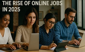 Modern illustration showing professionals working online from various locations, symbolizing booming online jobs.