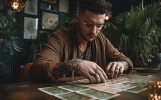 Profissional de marketing analisando cartas de Tarot para estratégia