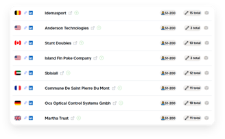 List of companies with country flags, LinkedIn links, company size, and number of tracked technologi