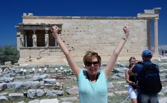 Lady Michelle celebrates making it atop the Acropolis in Athens, Greece