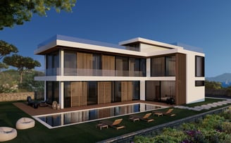 a house with a pool and a lawn