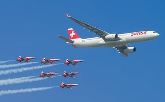 Commercial and defense aircraft in formation flight