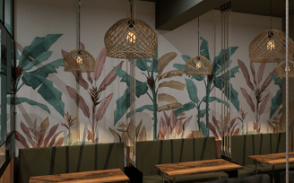 a restaurant with a wall mural of tropical plants