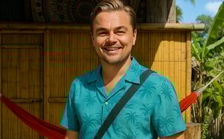 leonardo dicaprio en palomino, la guajira. Frente a la cabaña rústica en el Hostal Palomino EcoHouse