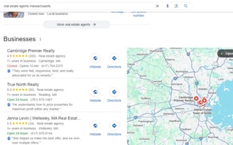 Screenshot of a search for real estate agents massachussetts, showing the importance of local SEO