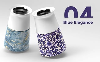 Blue Elegance dustbin product render showcasing two artistic bin variants with floral patterns.