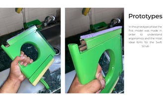 Early green SwiftScrub prototype tested for grip and ergonomic form in real kitchen setting.