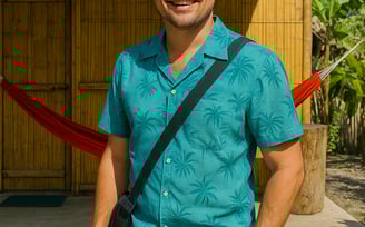leonardo dicaprio en palomino, la guajira. Frente a la cabaña rústica en el Hostal Palomino EcoHouse