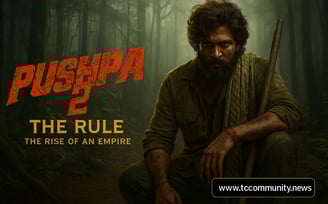 A cinematic poster for Pushpa 2: The Rule - The Rise of an Empire, showcasing a rugged forest backdrop with survivalist theme
