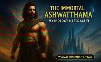ematic digital artwork featuring The Immortal Ashwatthama, blending ancient Indian mythology and futuristic sci-fi