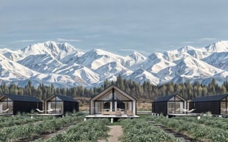 Una hilera de cabañas realizadas en Arquitectura Modular con montañas al fondo