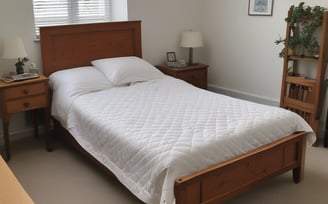 A well-furnished bedroom featuring a double bed with white linens and two decorative pillows on a soft headboard. A small, gray sofa with a bright yellow pillow sits at the foot of the bed. The walls are adorned with a subtle floral pattern. There is a lamp and telephone on the bedside table, and a small desk in the corner with a chair. A decorative lamp with a blue and white pattern and a silver coffee maker are on a side table.