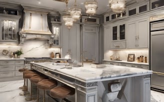 a kitchen with a center island with four stools