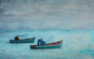 Mixed-media artwork of two fishing boats on textured blue water, created during the Napier art photography retreat.