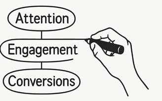 An animated hand drawing lines connecting "Attention," "Engagement," and "Conversions