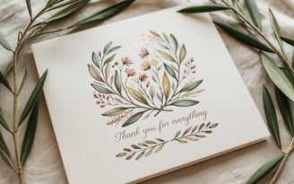 a thank card with a wreath of leaves and flowers